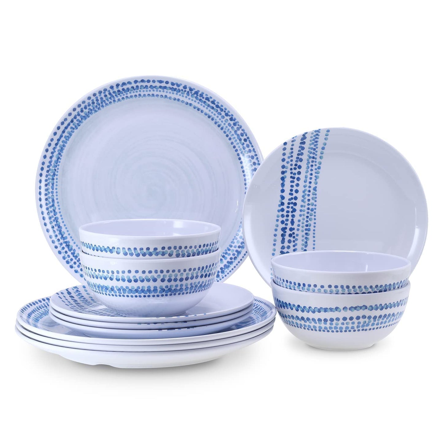 Melamine Dinnerware Sets, 12Pcs Plates and Bowls Sets Dinnerware Sets for 4, Unbreakable Dish Set for Indoor and Outdoor Use, Dishwasher Safe Raindrops Design