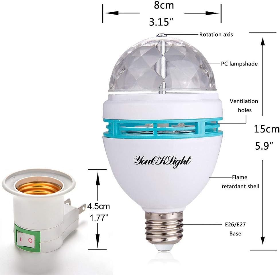 RGB Disco Ball Light E26 - Rotating LED Strobe Bulb for Parties, Karaoke & Events