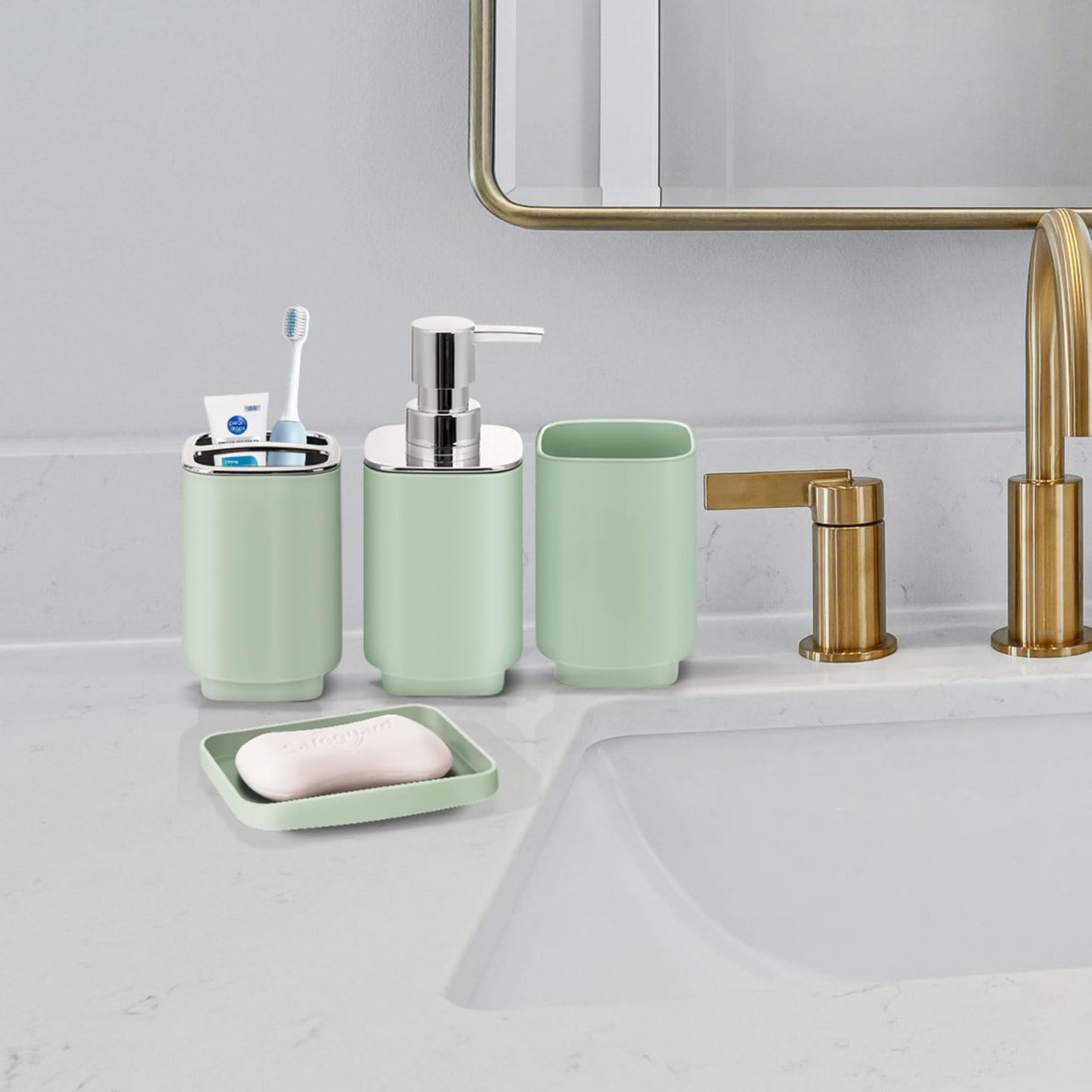 Bathroom Set - 9 Pcs Green Bathroom Accessories Set with Trash Can,Soap Dispenser,Tray,Soap Dish,Toothbrush Holder&Cup,Toilet Brush Holder, 2 Qtip Holder Dispenser