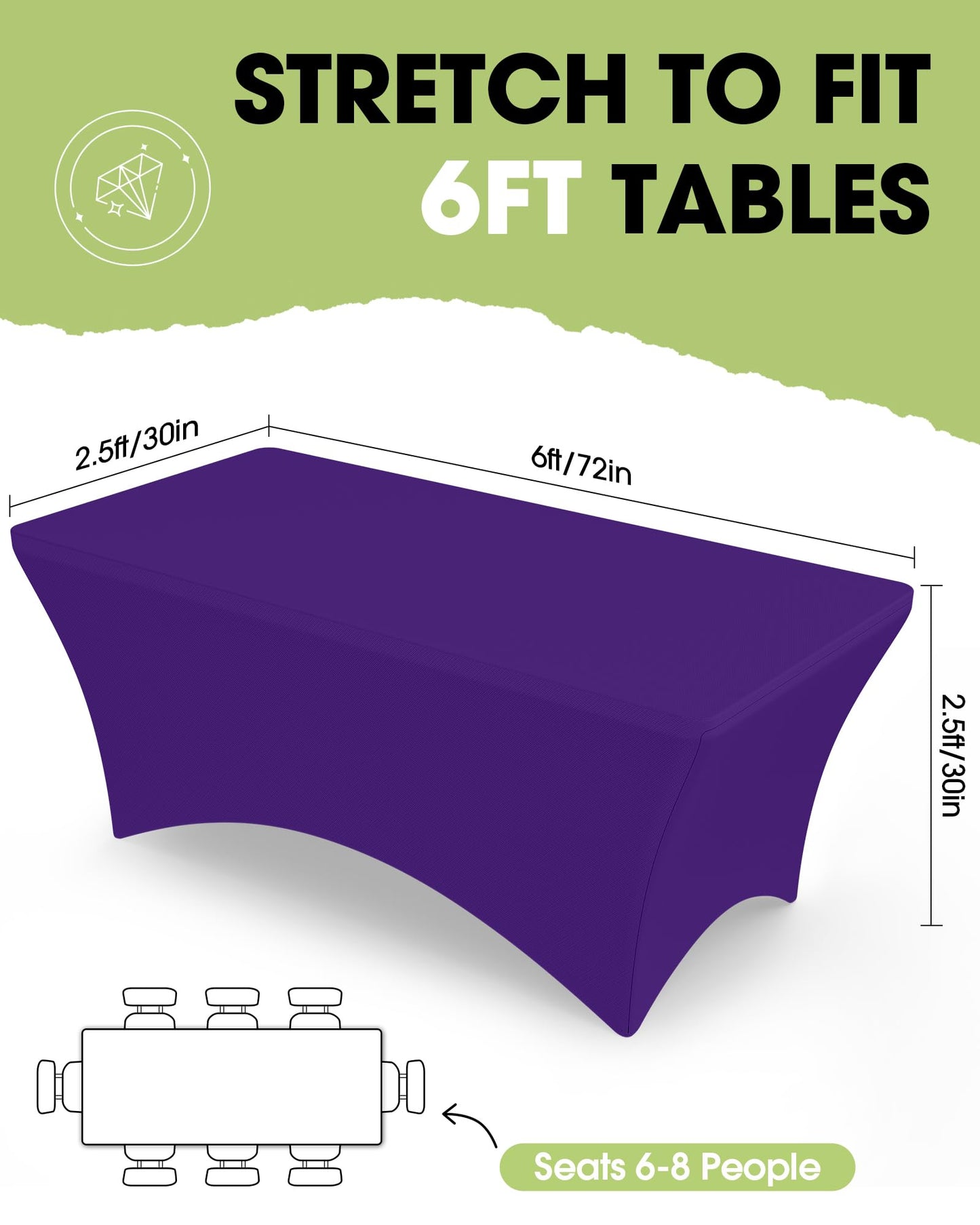 Pureegg Spandex Tablecloth 6ft - 2 Pack, Fitted and Tight Cloth for Rectangle Table, Wrinkle-Free and Stretch Table Cover for Party, Wedding, Banquet and Birthday, Purple