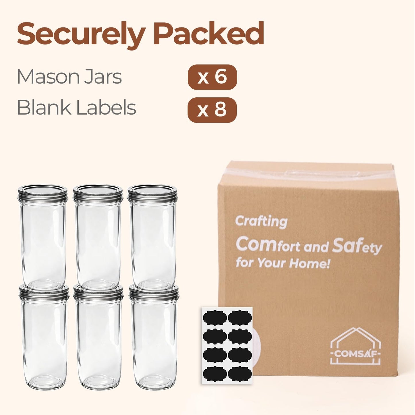 ComSaf 20 oz Mason Jars Wide Mouth 6 Pcs, Large Canning Jars with Seal Bands, 20 oz Glass jar with Lid for Jam, Sauce, Juice, Coffee, Pickling, Fruit, Dessert, Kitchen Storage, Vanilla Extract