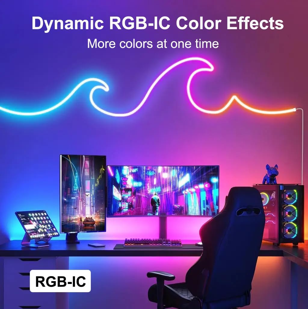 iNextStation RGB Smart IC Neon Rope Lights, 16.4ft LED Neon Flex with Power Adapter, Dynamic LED Strip Lights for Bedroom Gaming Room Wall Decor, Support Cutting, Music Sync, Smart APP Control