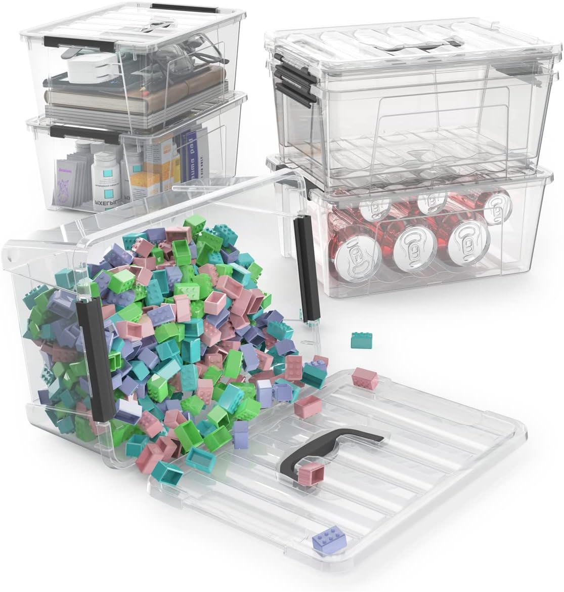 WYT Clear Storage Latch Bins - 6-Pack Organizer Box with Handles & Lids | 5-Litre Capacity