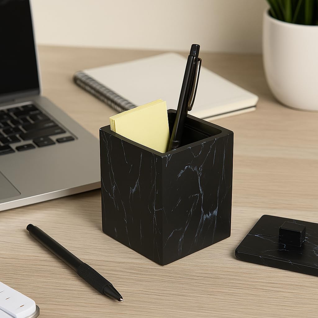Jung Ford Cotton Swab Holders - 2-Pack Marble Pattern Resin Storage Jars for Bathroom | Black