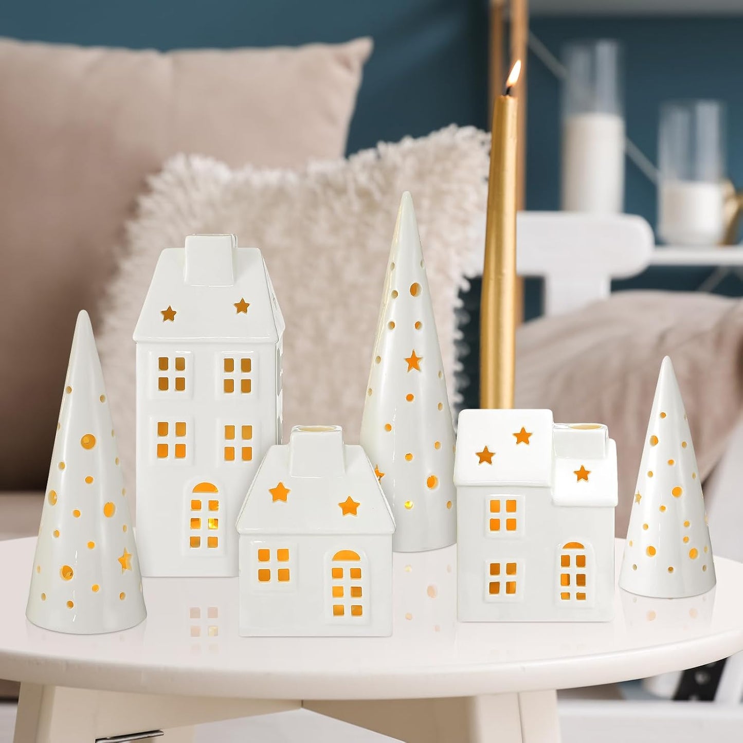 Newtay Ceramic LED Christmas Village Set - 3 Houses & 3 Trees for Festive Tabletop Decor | White Porcelain