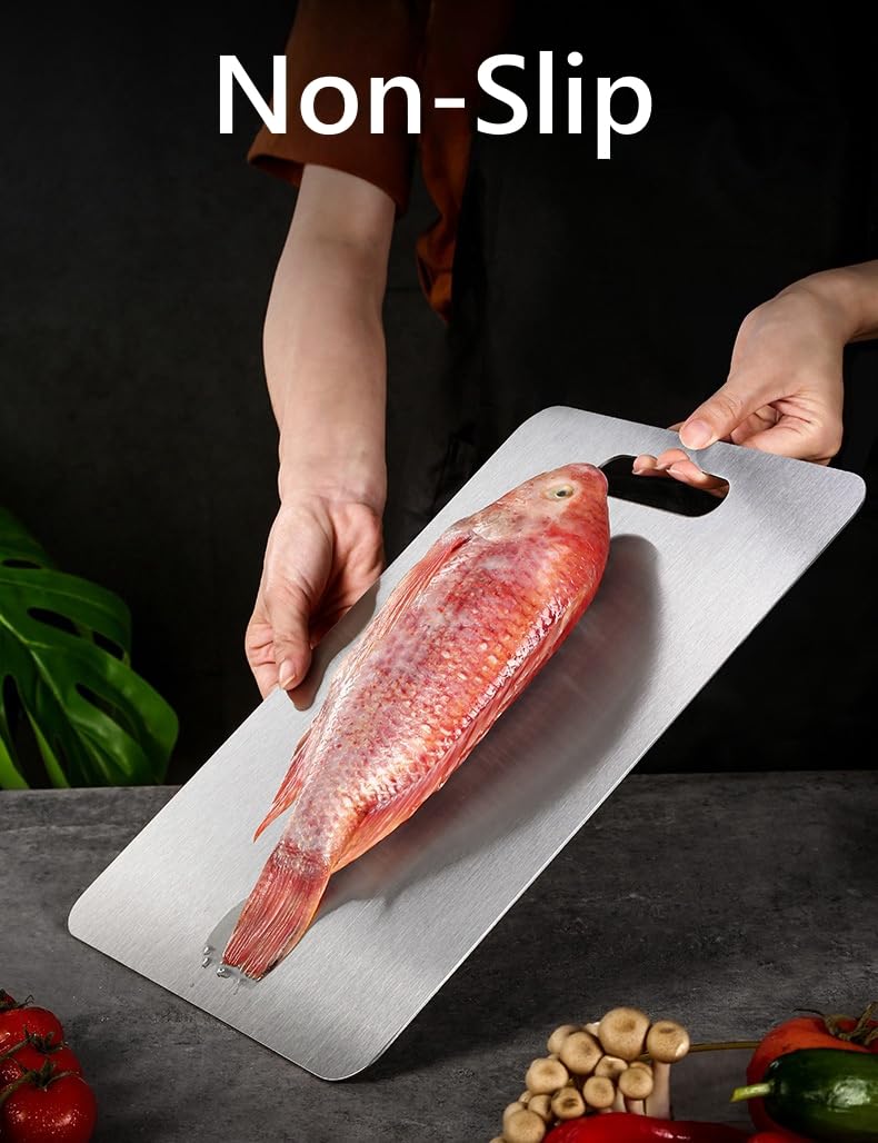 QinSuiKai Large Stainless Steel Cutting Boards, 14" x 9.8" Thickened Steel Chopping Boards for Kitchen With Clear Scale for Rolling, Meat, Fruit, Vegetables,Non Toxic and Dishwasher Safe (35x25cm)