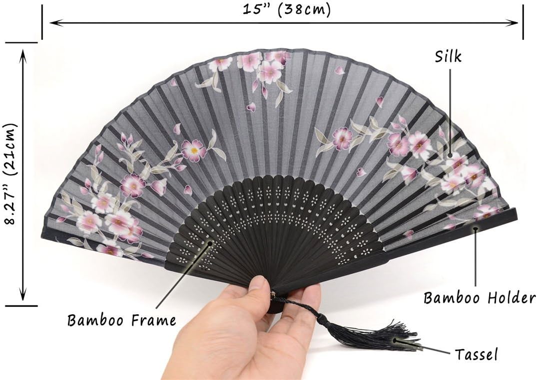 Handmade Silk Folding Fan with Bamboo Frame - Vintage Chinese/Japanese Style for Women & Girls - Gift-Ready with Protective Sleeve (WZS-33)