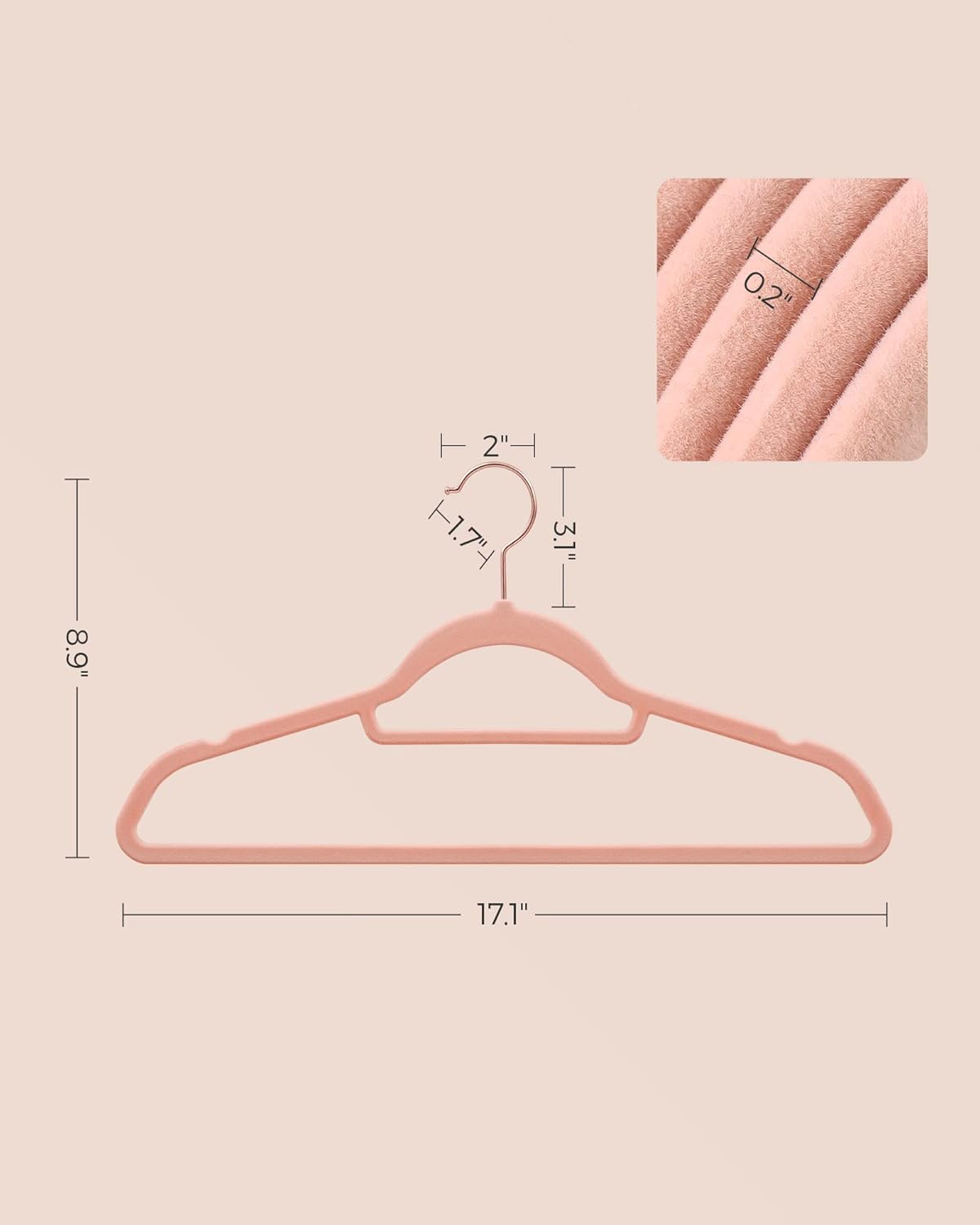 SONGMICS Velvet Hangers - Non-Slip Space-Saving Clothes Hangers with Rose Gold Swivel Hook | Set of 50, Coral Pink, 17.1-Inch