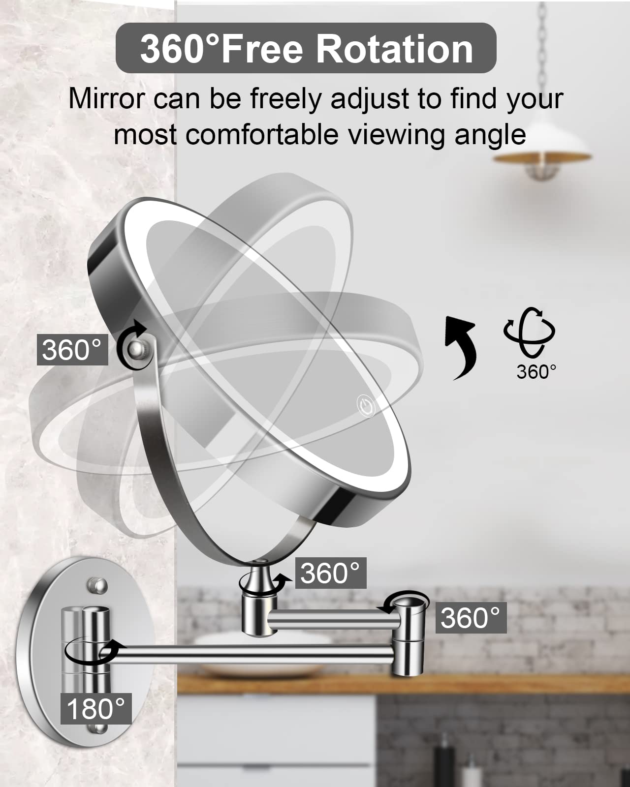 Rechargeable Lighted Wall Mounted Makeup Mirror, 8" Double-Sided 1X/10X Magnifying Bathroom Mirror with 3 Color Lighting, Touch Screen Dimmable 360°Swivel 13 Inch Extendable Chrome Vanity Mirror