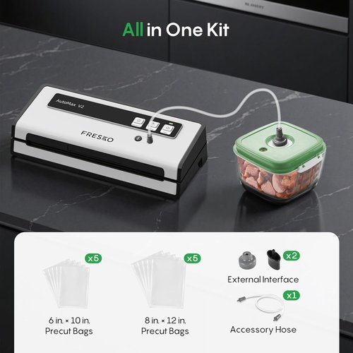 FRESKO Automatic Vacuum Sealer - 95 kPa Suction Power | Compact Food Sealer Kit with 10 Bags