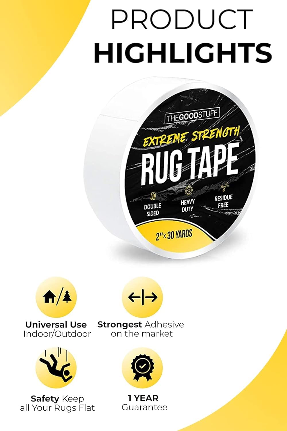 The Good Stuff Double-Sided Carpet Tape - Heavy-Duty Non-Slip Gripper for All Floors | 2"x10yd, No Residue