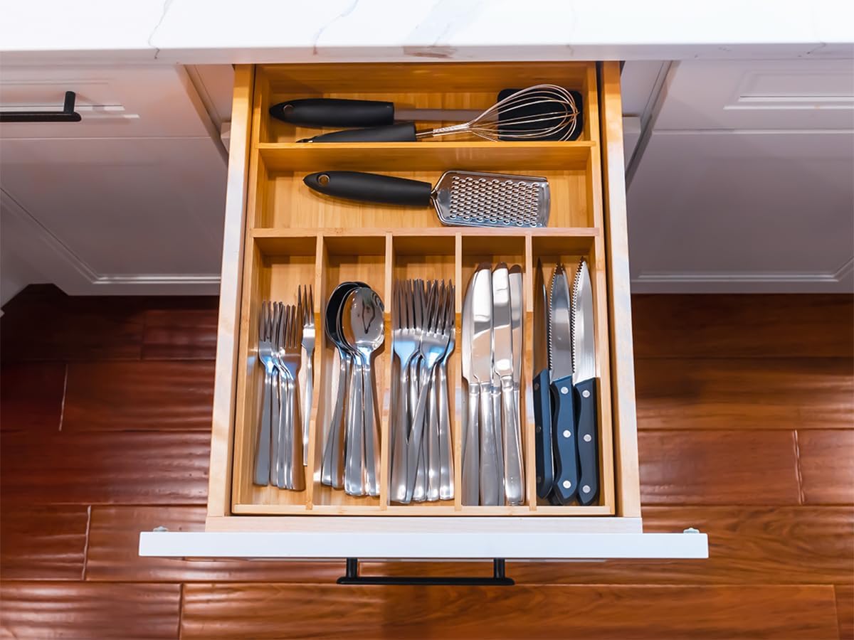 Umilife Bamboo Kitchen Drawer Organizer - Extra Deep 7-Slot Utensil Tray for Flatware | 13 Inch Bamboo Caddy