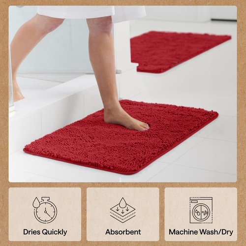 GORILLA GRIP Bath Rug Mat - Thick Soft Absorbent Chenille | Quick Dry Microfiber, 30x20, Red