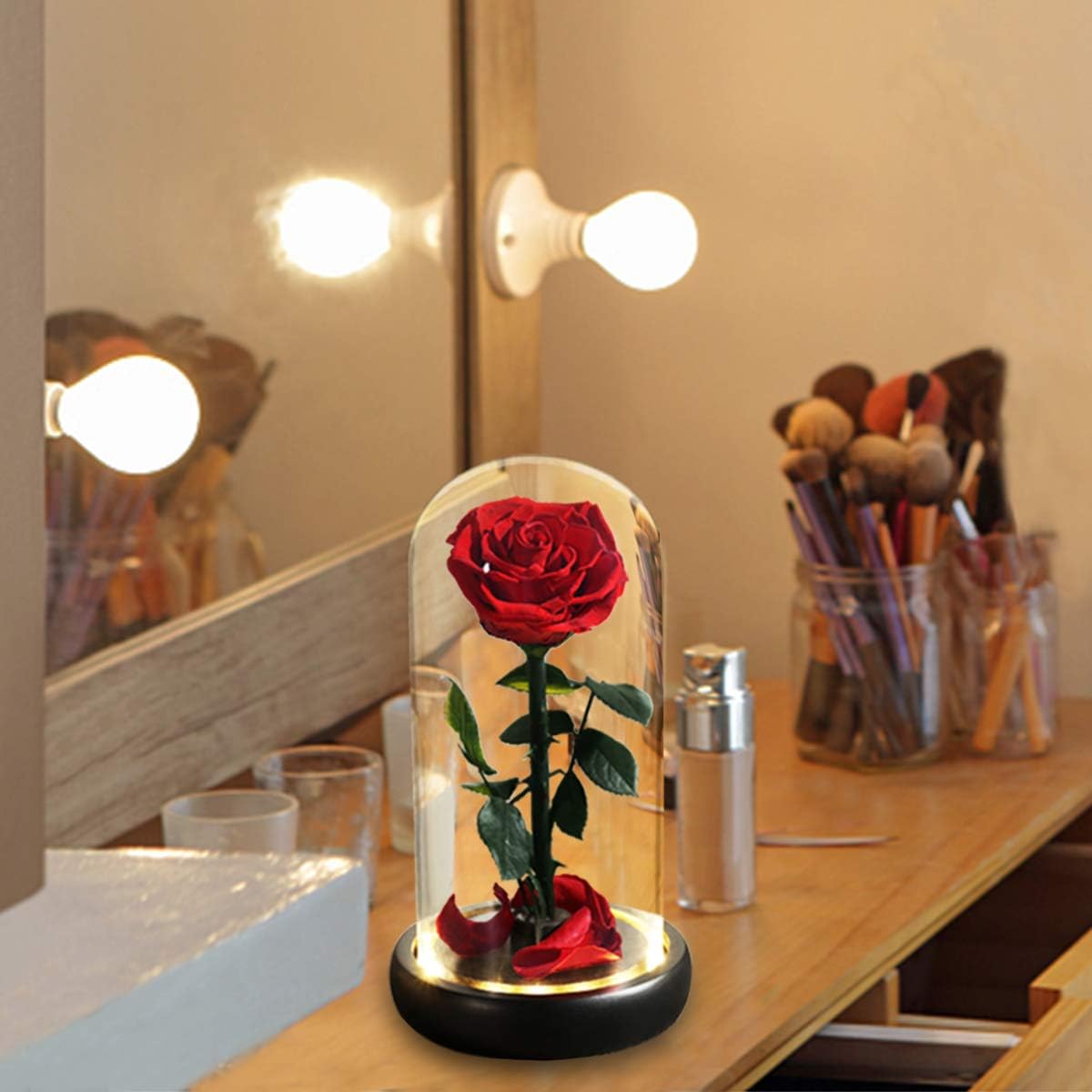 Birthday Gifts for Women,Beauty and the Beast Rose in Glass Dome,Preserved Rose with Warm Lights,Flower for Delivery Prime,Forever Flower Gifts for Women Mom Wife Girlfriend, Anniversary Birthday Gift