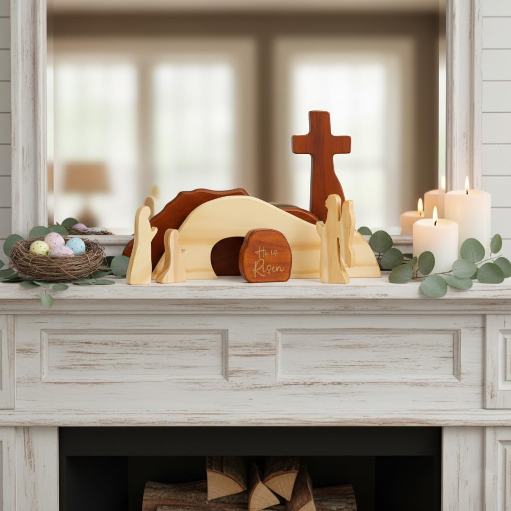 RUSATEN He is Risen Easter Decor β Wooden Resurrection Scene with Empty Tomb, Cross & Figurines, Christian Religious Tabletop Decoration for Home, Faith Easter Gift, Easter Basket Stuffer