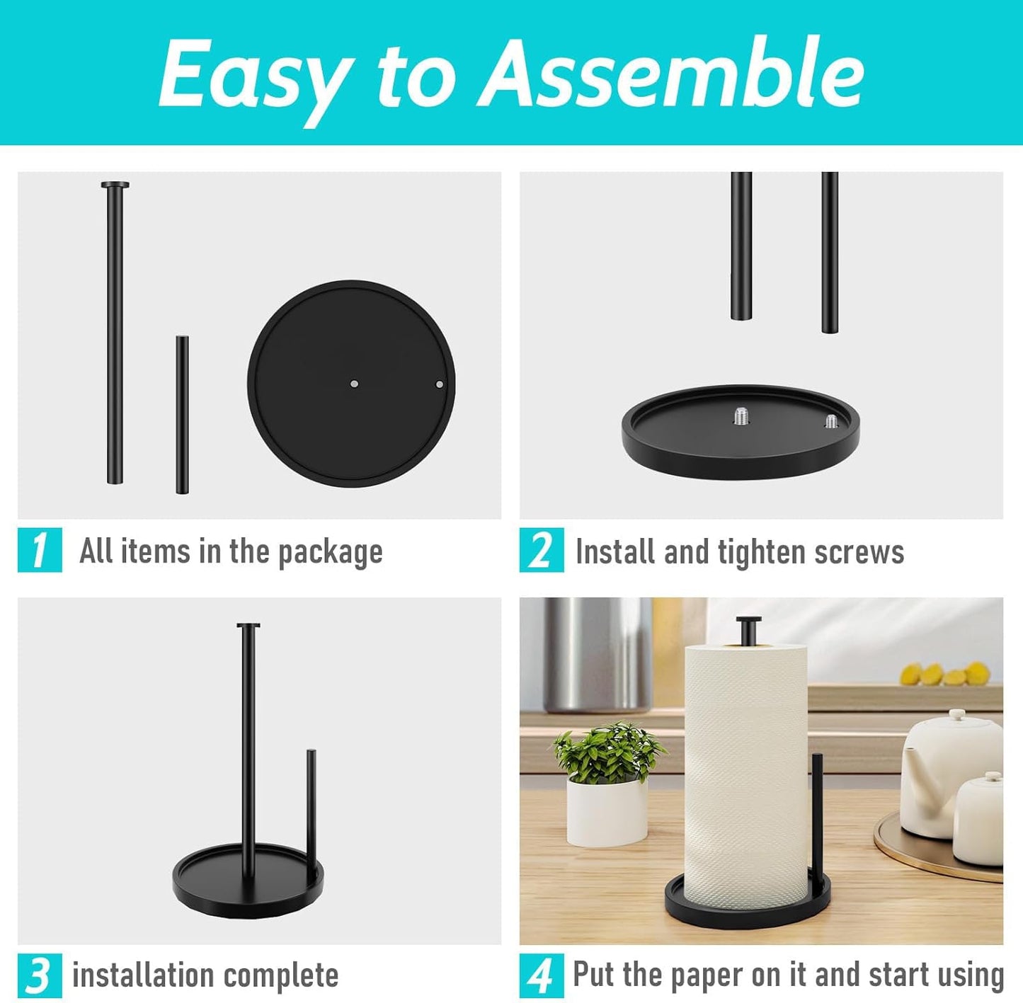 Stainless Steel Paper Towel Holder - Freestanding Design with Anti-Slip Weighted Base | Black Finish
