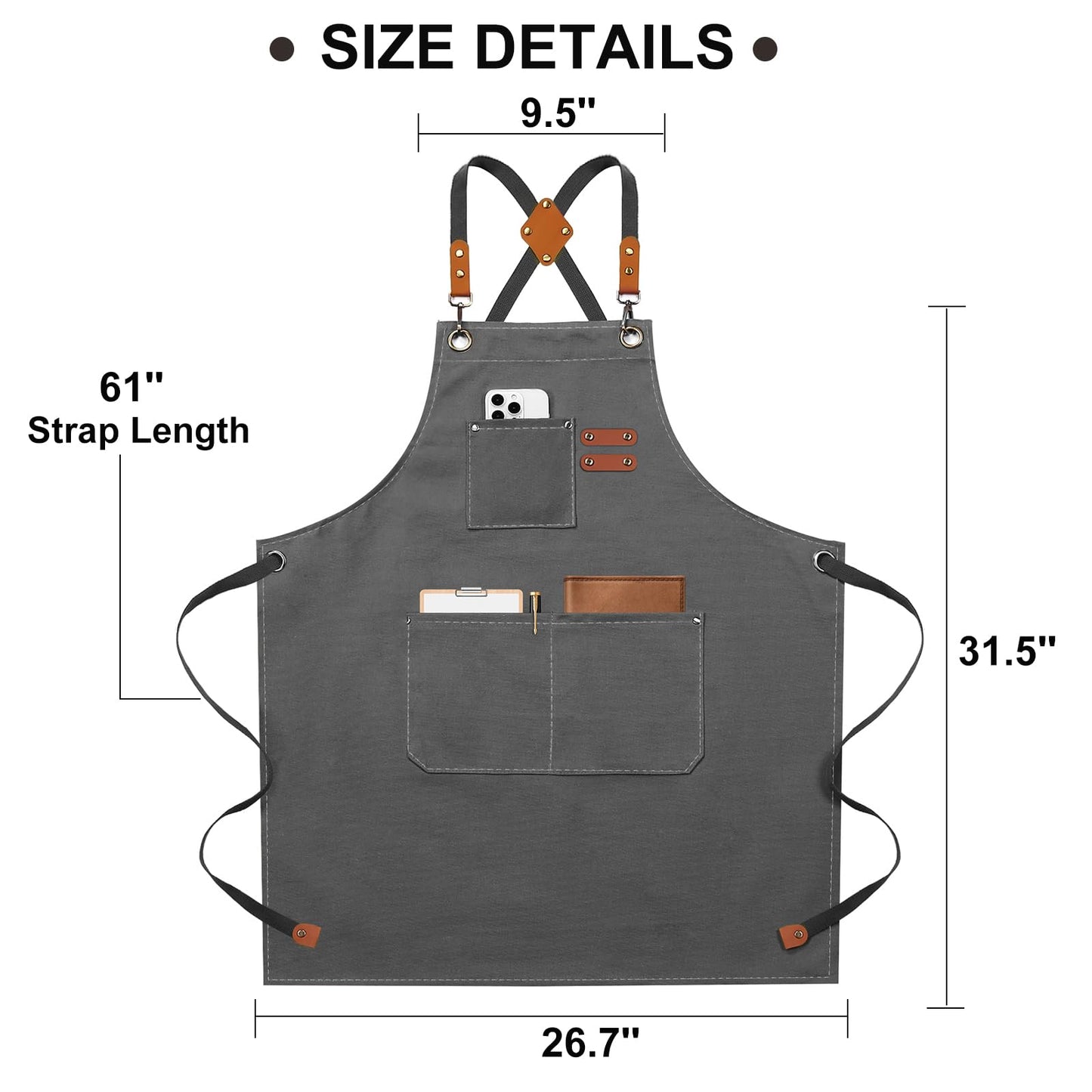 ZOMAO Chef Apron for Women Men with Large Pockets, Cotton Canvas Cross Back Waterproof Work Aprons for Kitchen Cooking Bib (Grey)
