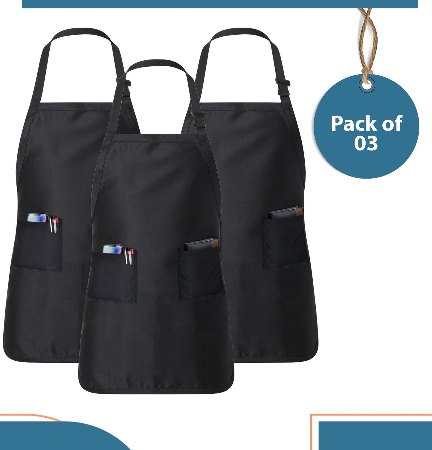 Batex Premium Cotton, 3 pack, Chef Apron for Men and Women Professional for Cooking With 2 Pockets - Adjustable - Bib Aprons