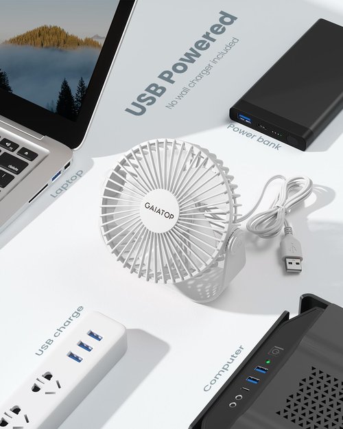 Gaiatop USB Desk Fan - 3 Speed Portable Cooling with 90° Rotation | 5.5 Inch Quiet Personal Fan in White