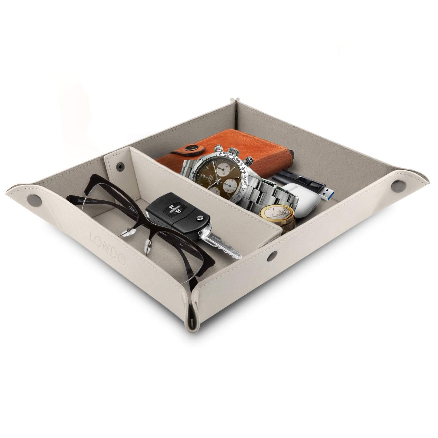 Londo Leather Tray Organizer - Practical Storage Box for Wallets, Watches, Keys, Coins, Cell Phones and Office Equipment