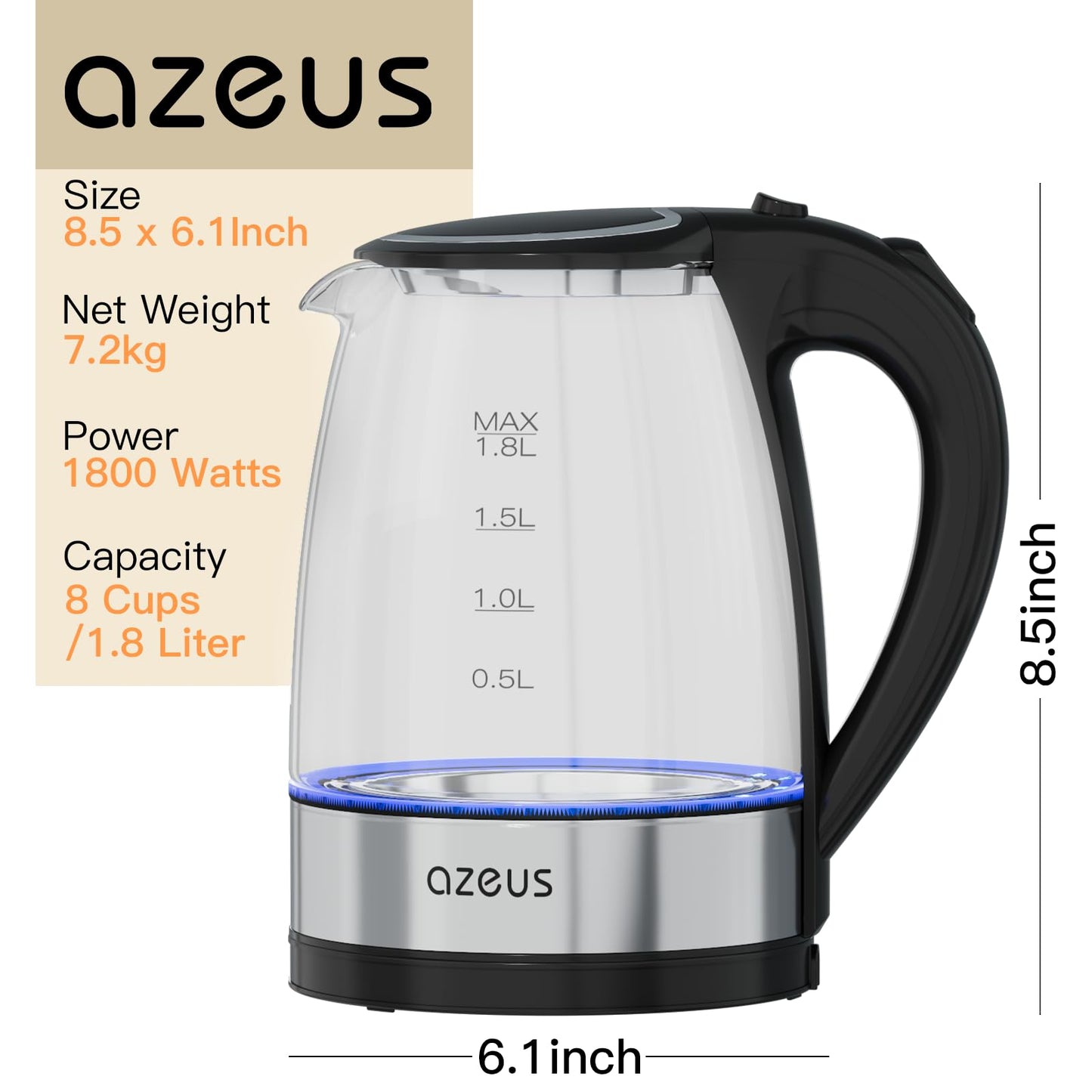 AZEUS Glass Electric Kettle - 1.8L Fast Boiling Auto-Shutoff & Anti-Dry Heat Safety Kettle for Home/Office, Borosilicate Glass with LED Indicator (white)