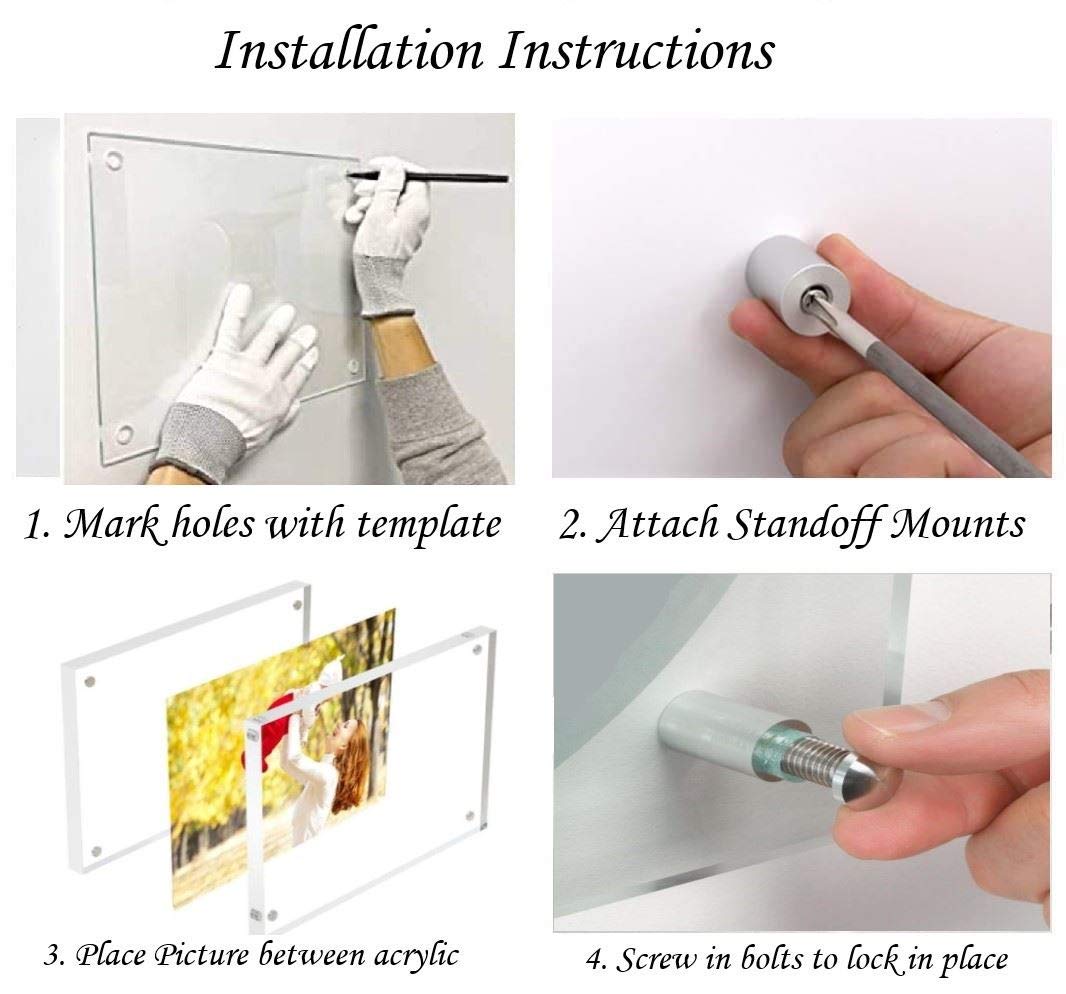 (8" x 8") Clear Acrylic Wall Mount Floating Picture Frame with (Gold Standoffs) Frame-less Double Panel Plexiglass Display for Photos Artwork Posters Paintings (Full Frame is 10" x 10")