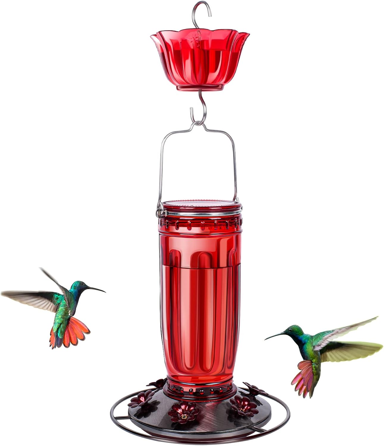 Kingsyard Glass Hummingbird Feeder - 6 Feeding Ports with Ant Moat | Red Outdoor Garden Decor