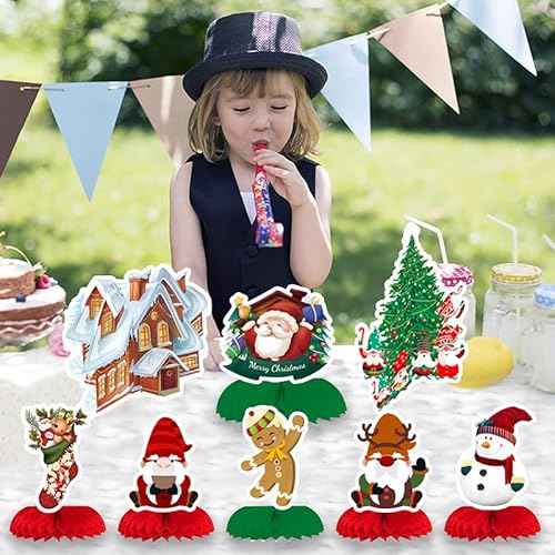 8 Pcs Christmas Honeycomb Centerpieces,Christmas Party Centerpieces, Christmas Table Decorations with Santa Claus,Christmas Tree,Snowman,Gingerbread,Stocking for Holiday Christmas Party Supplies