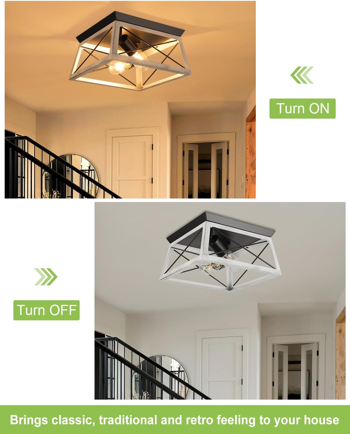 Farmhouse Flush Mount Ceiling Light Oak White Ceiling Light Fixtures 2-Light Industrial Vintage Metal-Framed Ceiling Lighting for Hallway Foyer Kitchen Dining Room Bedroom Living Room Laundry