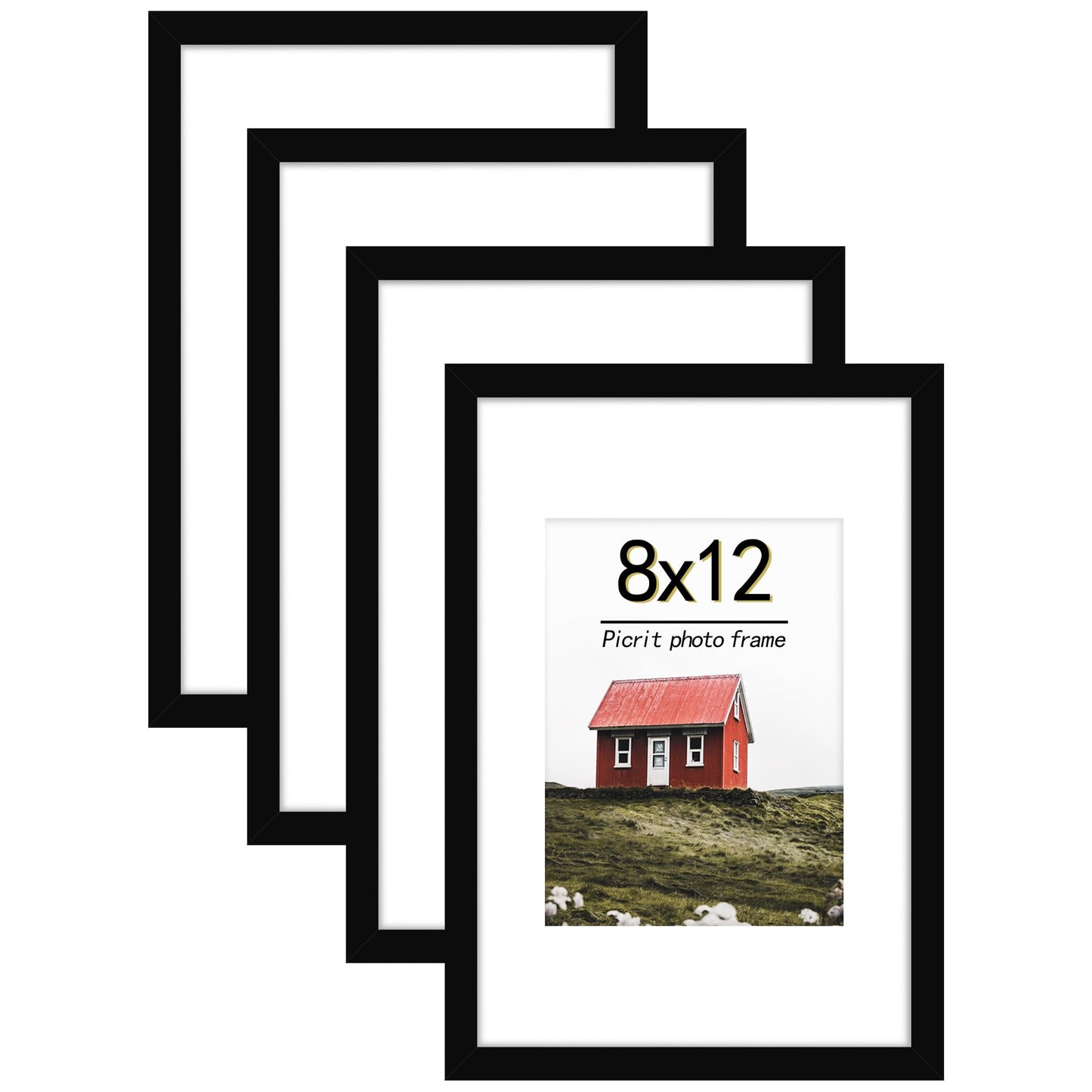 Picrit 8x12 Picture Frame Set of 4, Made of High Definition Real Glass, Display 6x8 with Mat or 8x12 Without Mat, Photo Frames for Wall Mounting or Table Top Display, Black