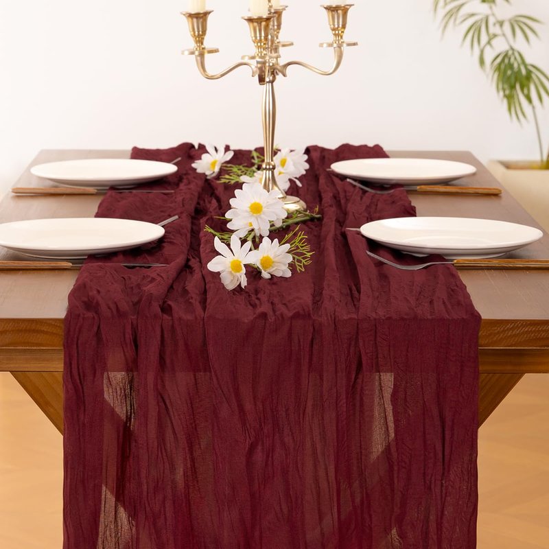 Socomi 10pcs Burgundy Red Summer Cheesecloth Table Runner Boho Rustic Gauze 120 inch 10FT Cheese Cloth Sheer Runner for Wedding Party Baby Shower Birthday Home Decor Holiday Decorations