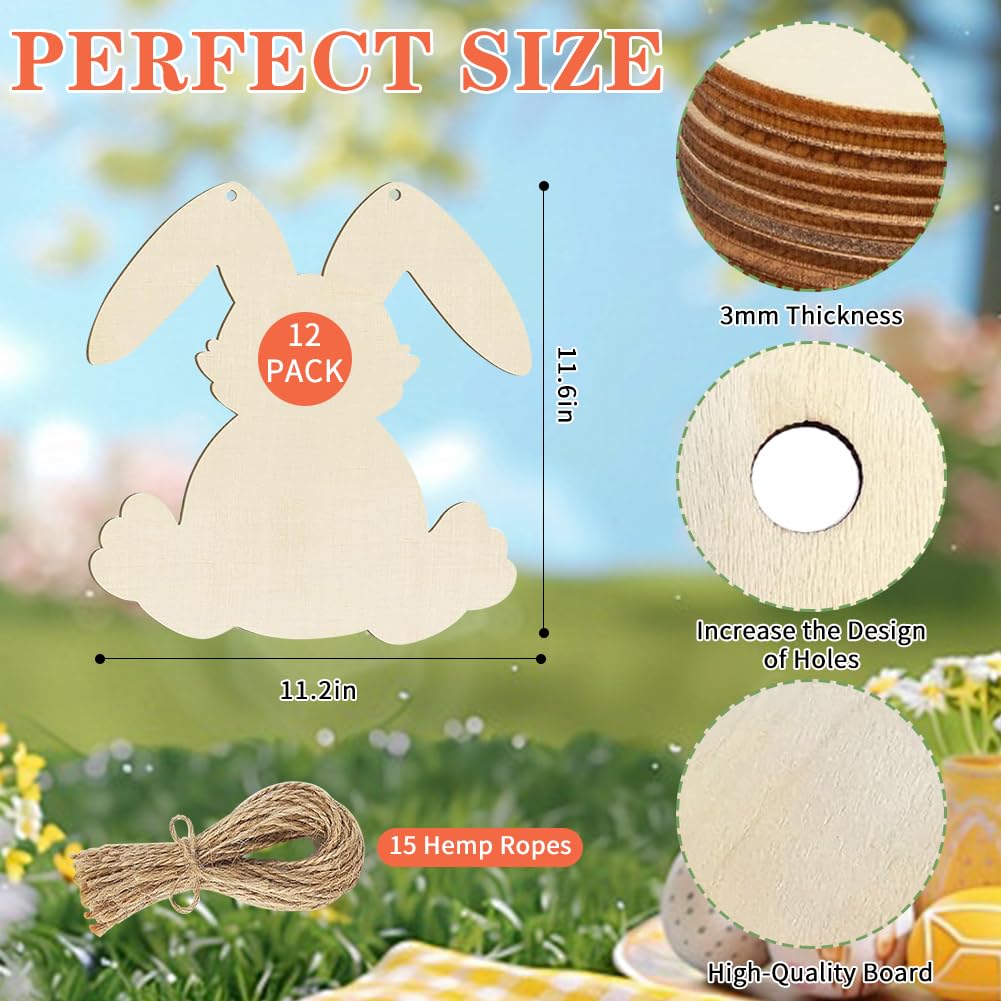 12 Pack Large Size 11" Wooden Easter Ornaments to Paint, Happy Easter Cutouts DIY Blank Bunny Unfinished Wooden Rabbit Discs for Home Crafts Hanging Spring Decoration
