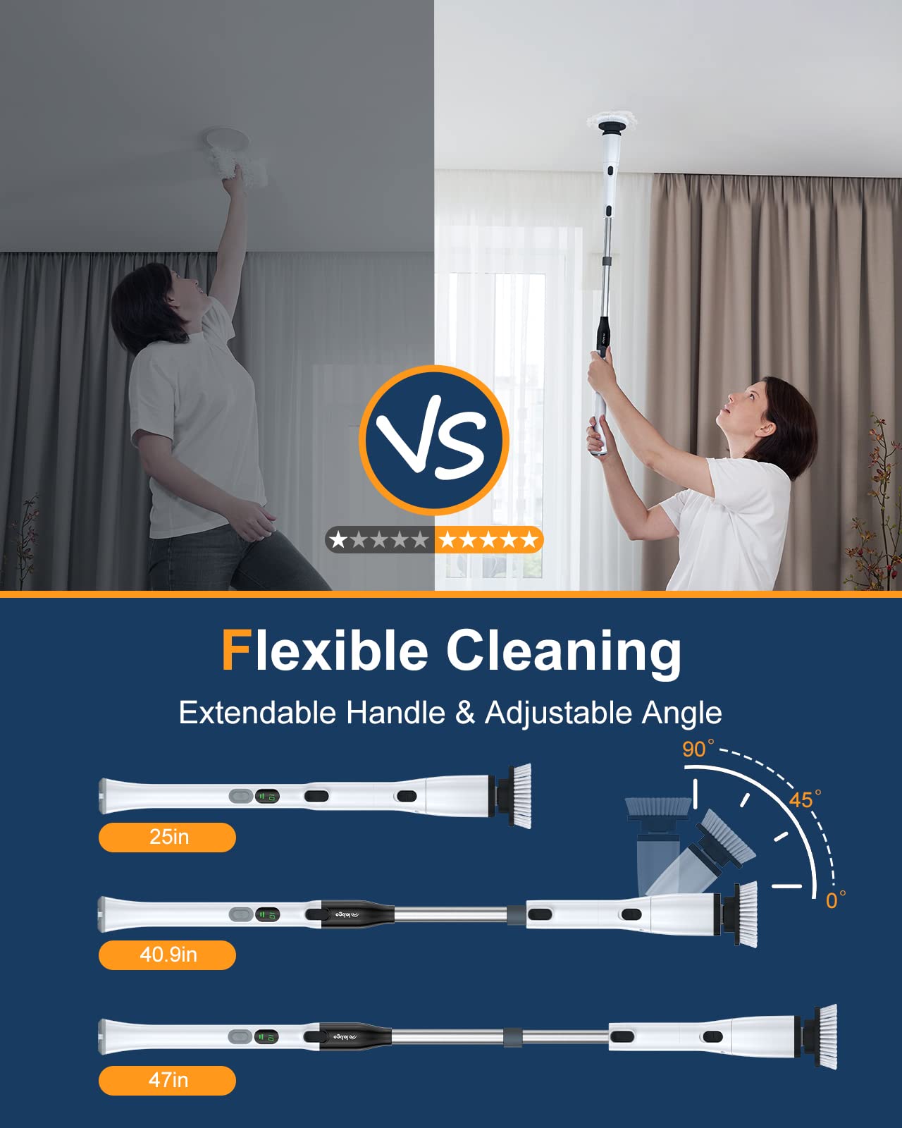 LABIGO Electric Spin Scrubber LA2 Pro, Shower Cleaning Brush with Display and 4 Replaceable Brush Heads,2 Adjustable speeds, 3 Adjustable Extension Handle, Power Cleaning Brush for Bathroom Tile Black
