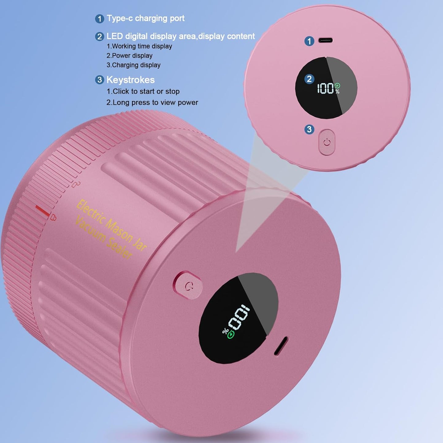 LOVE MOMENT Electric Mason Jar Vacuum Sealer Kit - Ideal for Wide & Regular Mouth Jars - Pink