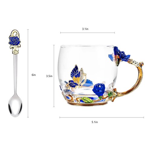 FDINF Tea Cup Gifts for Mom Women Mothers Day Glass Coffee Enamels Mug Birthday Butterfly Rose Gifts for Her Valentines Day Christmas Tea Cup with Spoon