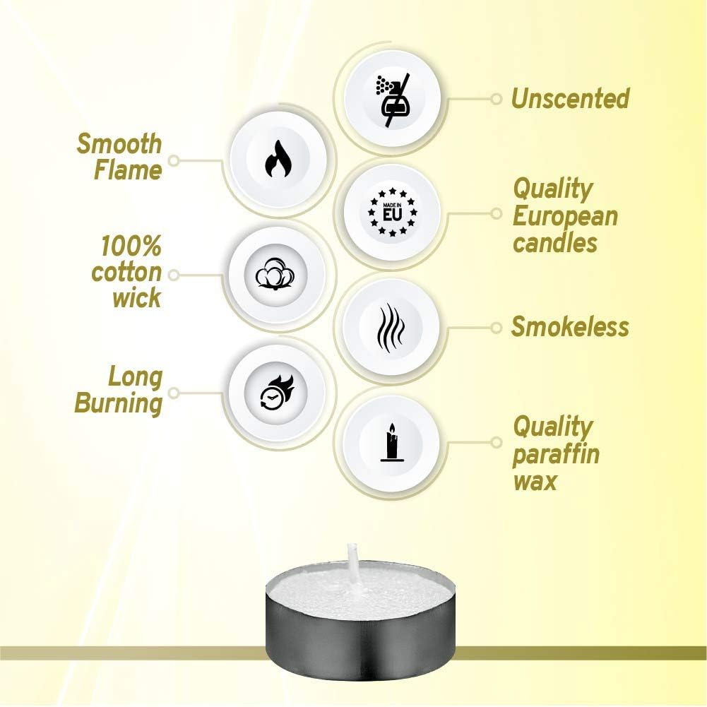 Premium Unscented Tea Lights - 100 Pack, 3.5 Hours Burn Time - Smokeless & Cotton Wick for Weddings, Parties, Home Décor