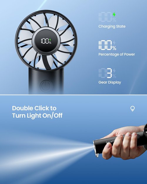 Gaiatop Portable Mini Fan - 3-Speed Handheld Cooling Fan with Power Display & Flashlight | USB Rechargeable, Lightweight, Black
