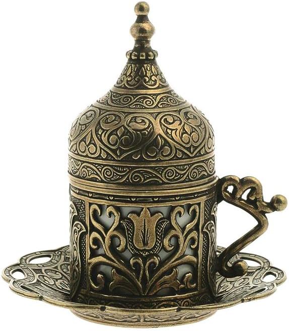Alisveristime Authentic Turkish Coffee Cup Set: Zamak & Porcelain, Tulip Motifs (Set of 2) (Lale) (Gold)