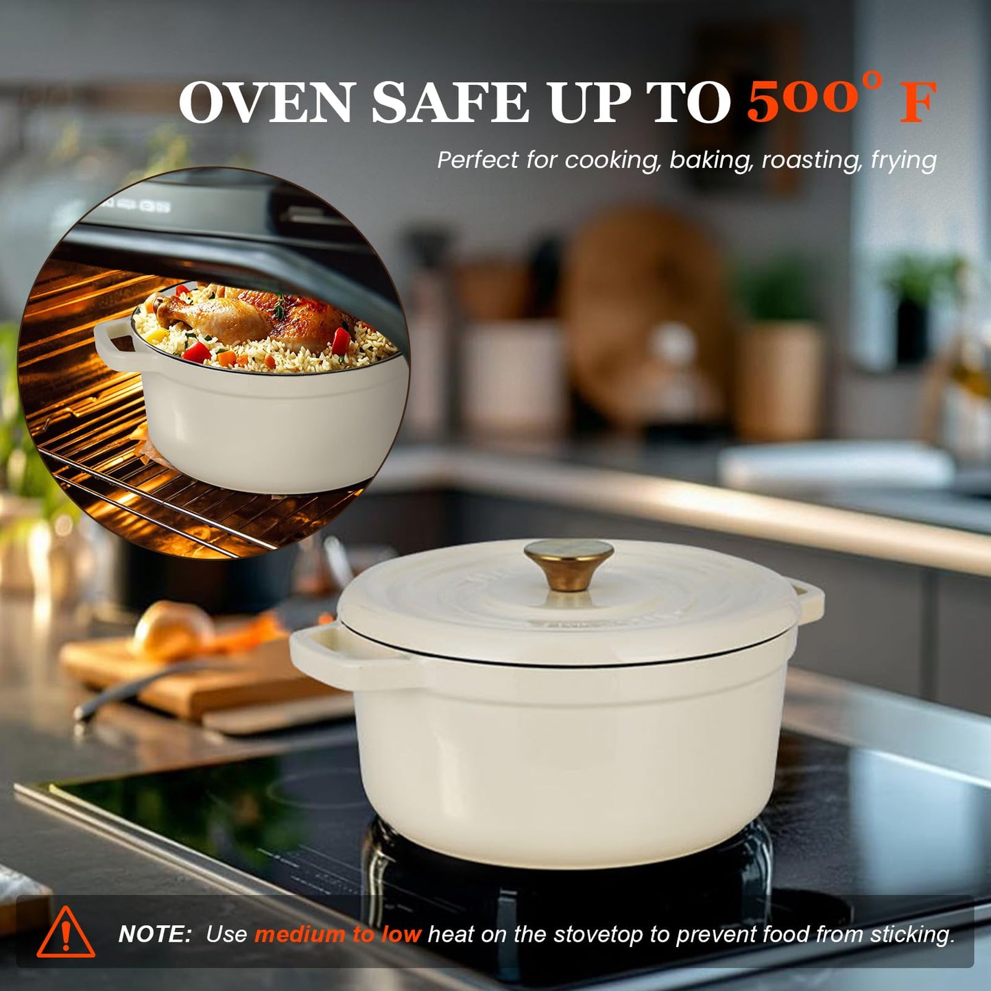 Overmont Enameled Cast Iron Dutch Oven - 5QT Pot with Lid Cookbook & Cotton Potholders - Heavy-Duty Cookware for Braising, Stews, Roasting, Sourdough Baking Cream white