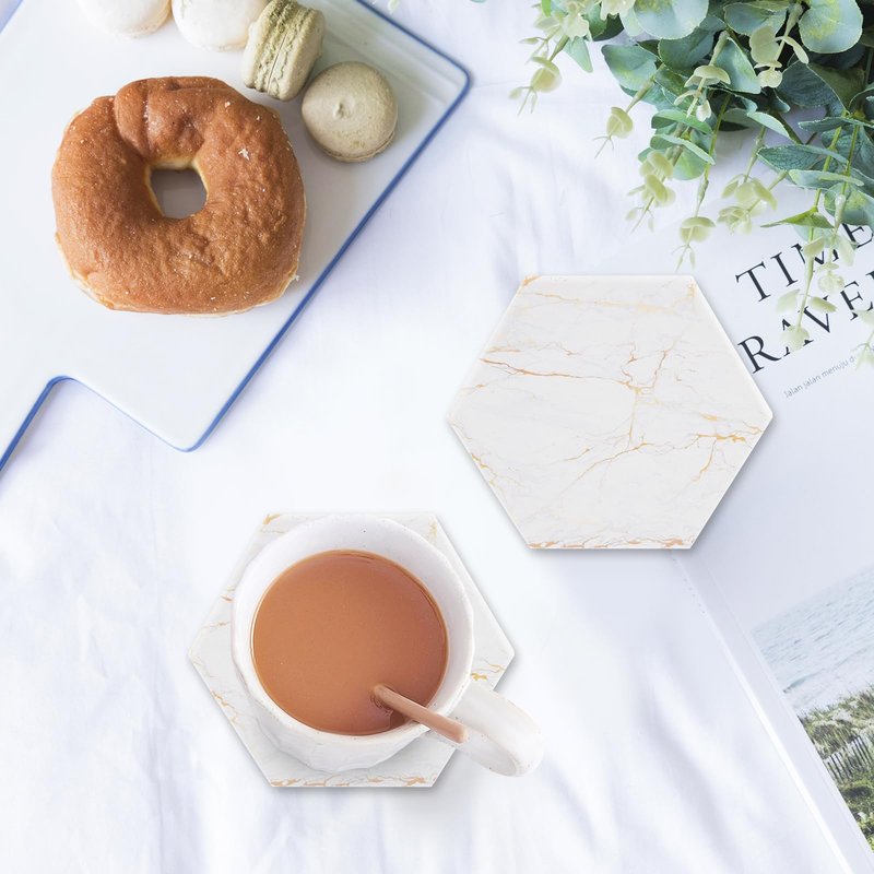 Marble Coasters for Drinks Absorbent with Cork Base, 6pcs Drink Coasters for Wooden Table with Metal Holder, Gold Ceramic Cup Coaster Set Home Decor for Housewarming