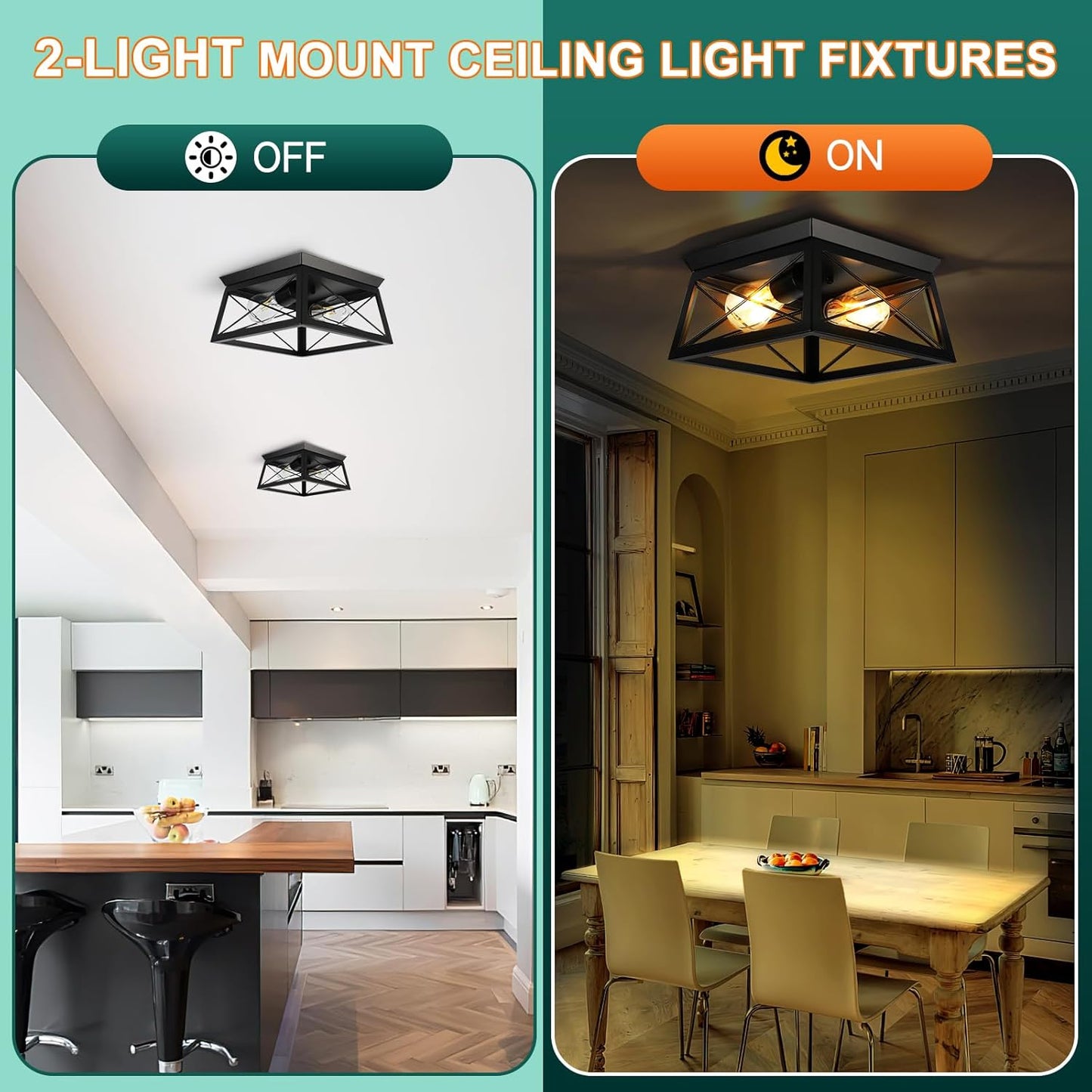 Farmhouse Flush Mount Ceiling Light Oak White Ceiling Light Fixtures 2-Light Industrial Vintage Metal-Framed Ceiling Lighting for Hallway Foyer Kitchen Dining Room Bedroom Living Room Laundry