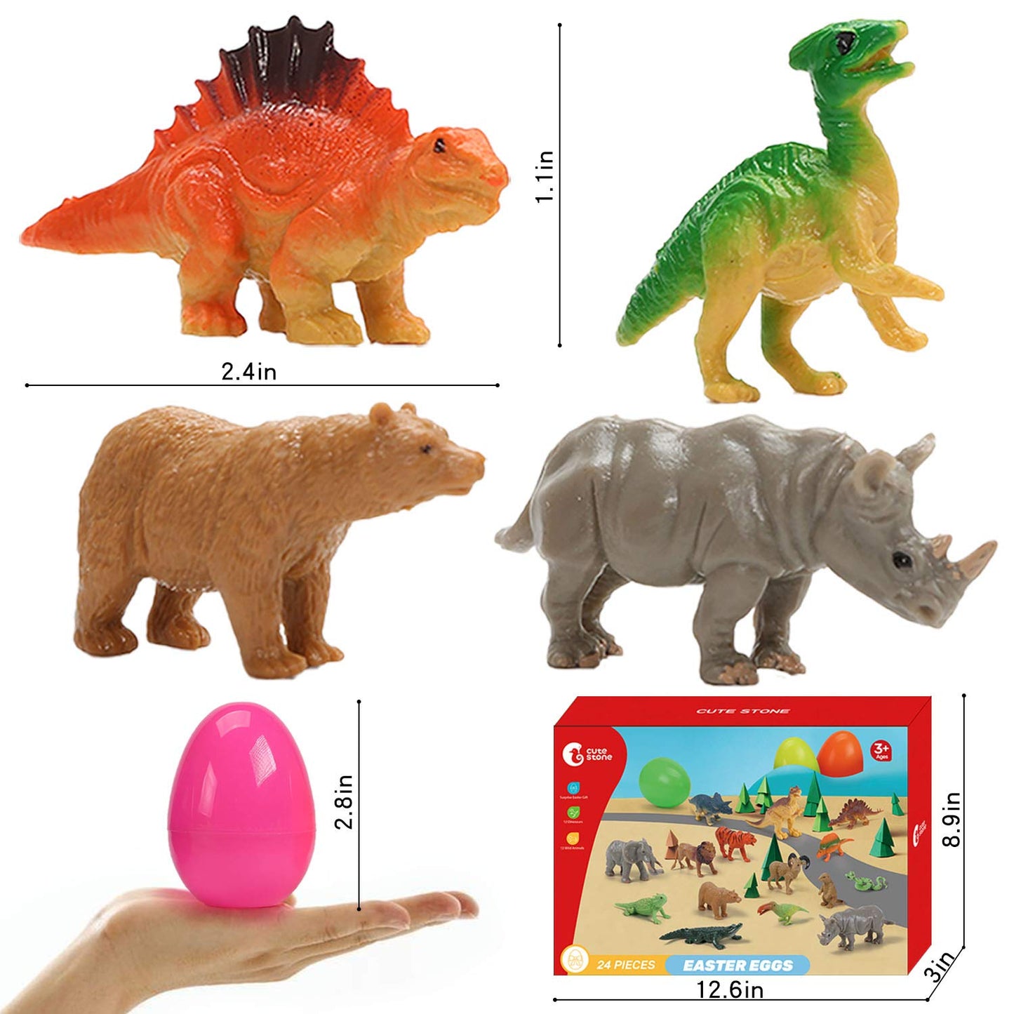 CUTE STONE 24 Pack Filled Easter Eggs with Dinosaurs and Animals, Easter Basket Stuffers Easter Party Favors for Kids
