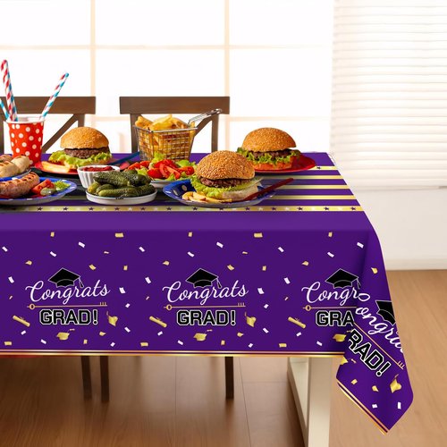 Childom 3 Pack Graduation Tablecloth,Graduation Decorations Class of 2026 Graduation Party Decorations,54"x108" Purple and Gold Plastic Table Cloth Disposable Rectangle for Home,School,Party Supplies