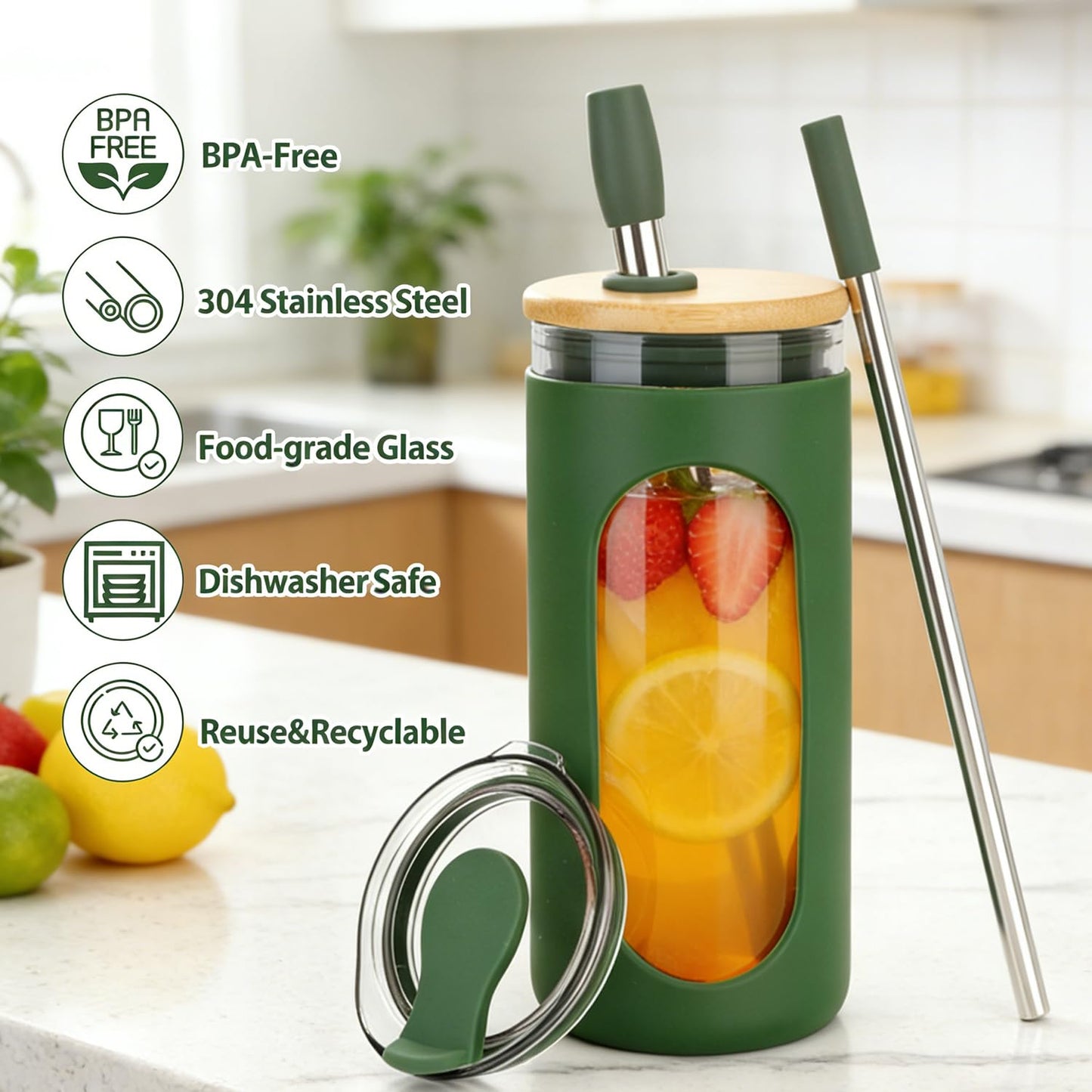 Sursip 20 oz Glass Tumbler with Lids and Straws, Reusable Borosilicate Glass Iced Coffee Cup with Bamboo Lid for Smoothie Boba Juice,Travel BPA-Free - Pink
