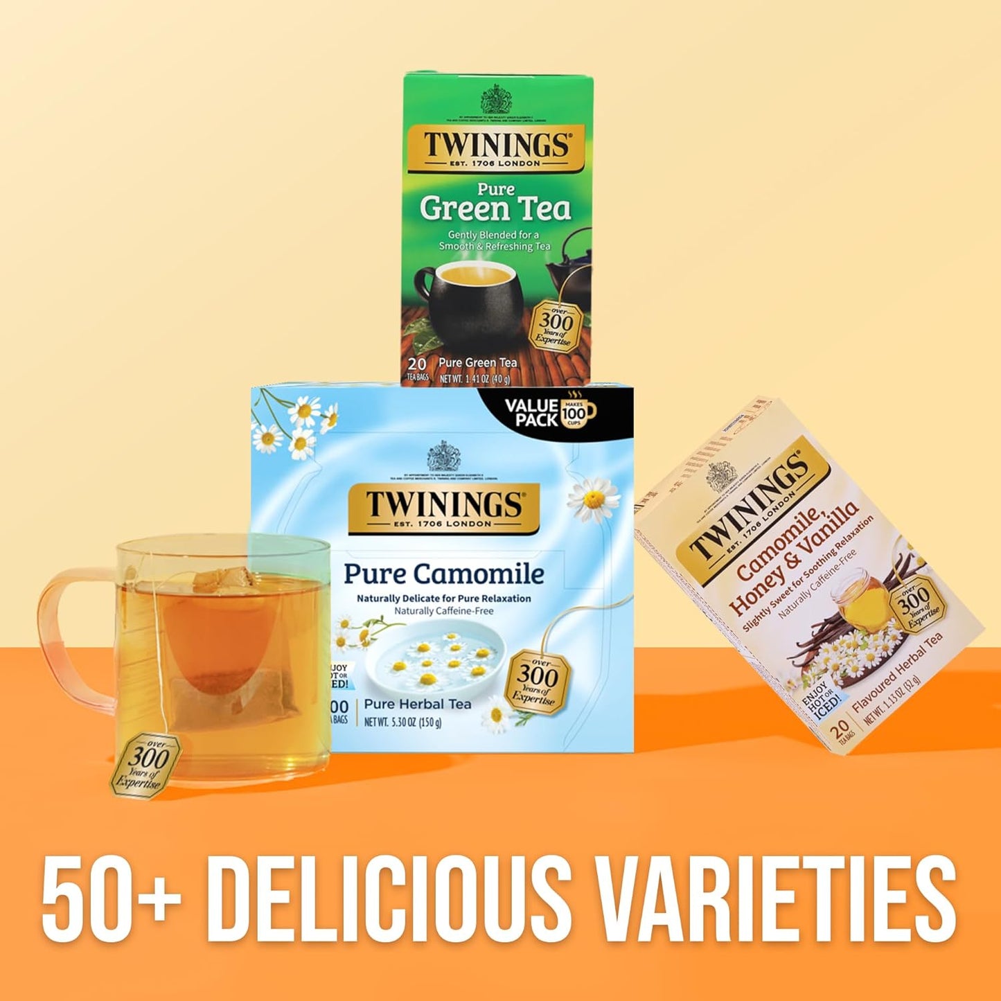 Twinings Pure Camomile Herbal Tea - 100 Individually Wrapped Bags for Relaxation | Caffeine-Free, Hot or Iced