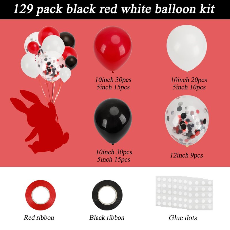 RUBFAC 129pcs Red Black White Balloons Confetti Garland Arch Kit for Graduation BBQ Casino Theme Party Decorations Poker Card Racing Car Birthday Supplies