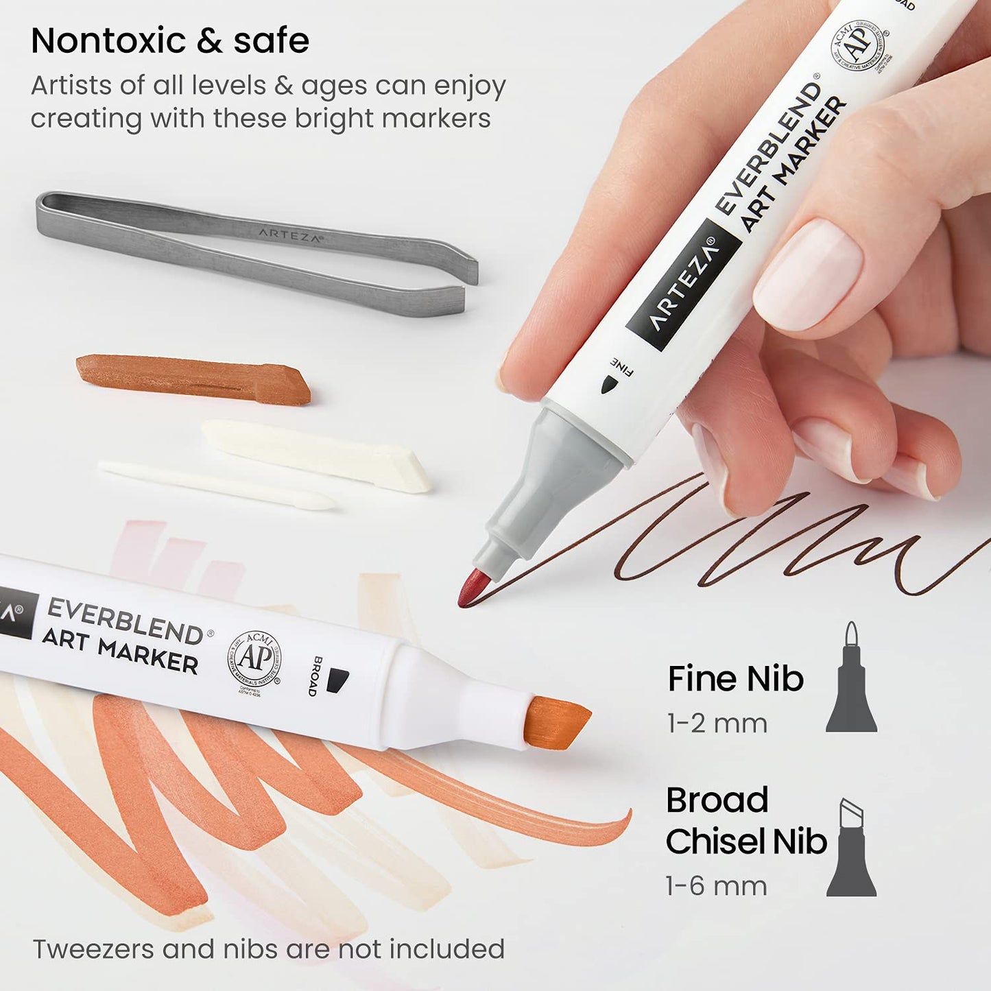 ARTEZA Alcohol Markers Set of 36 Colors Portrait & Skin Tone Dual Tip Markers with Organizer Box, Medium Chisel and Fine Nib
