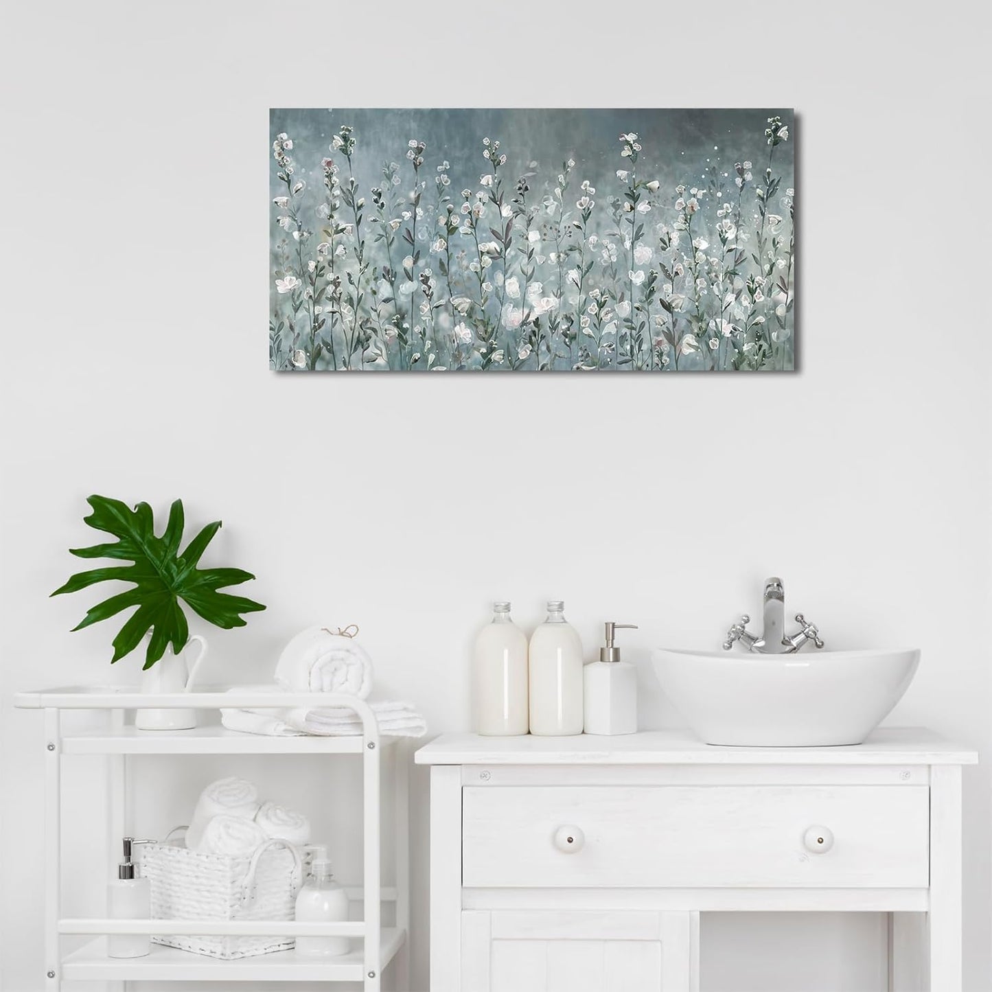 NINEASO Abstract Flower Wall Art - Elegant Translucent White Wildflowers | 20" x 40" Botanical Decor for Living Room & Office