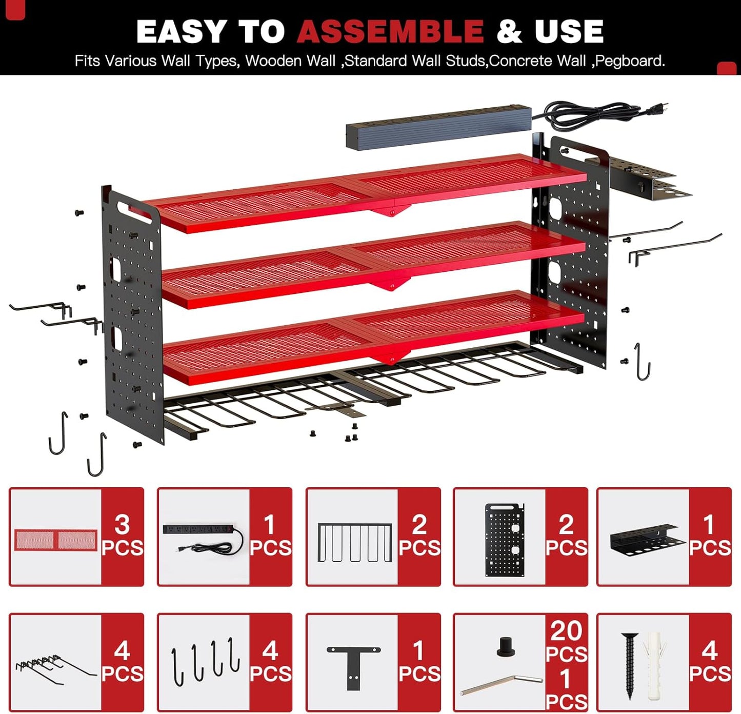 NattyDot Power Tool Organizer - Wall Mount Charging Station with 8 Drill Holders | 4-Layer Garage Storage Rack (Red)