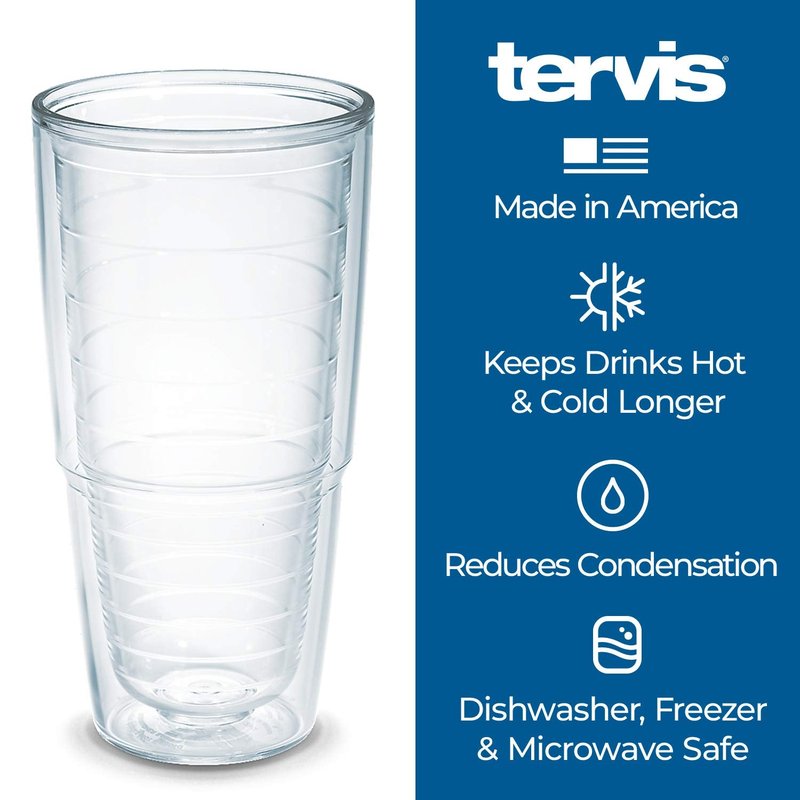 Tervis Clear & Colorful Tabletop Made in USA Double Walled Insulated Tumbler Travel Cup Keeps Drinks Cold & Hot, 24oz, Clear